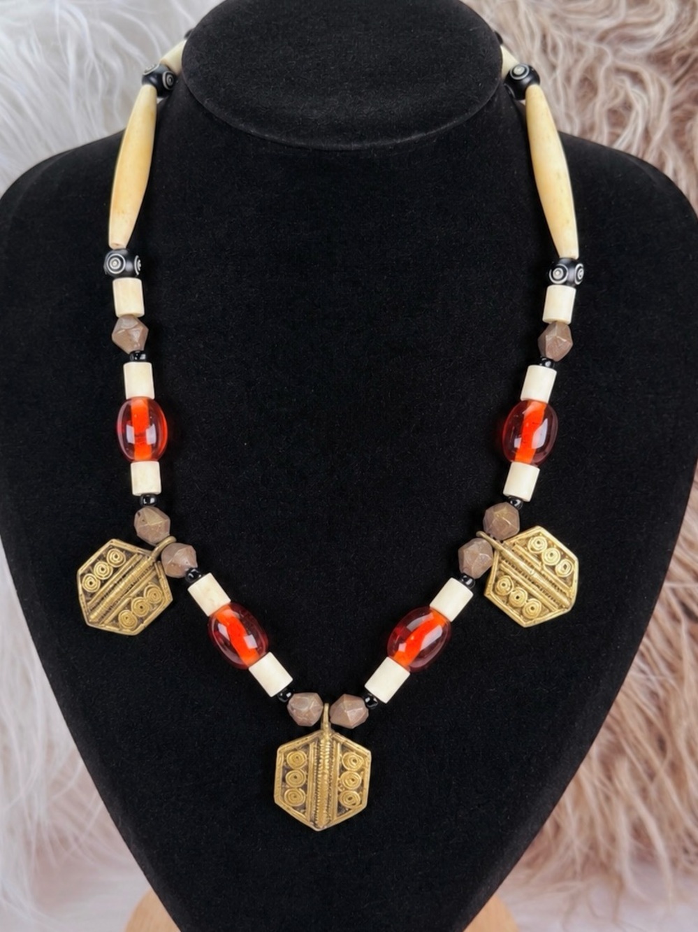 Bohemian Mixed Bead Statement Necklace Bronze Tone Dangle Charms